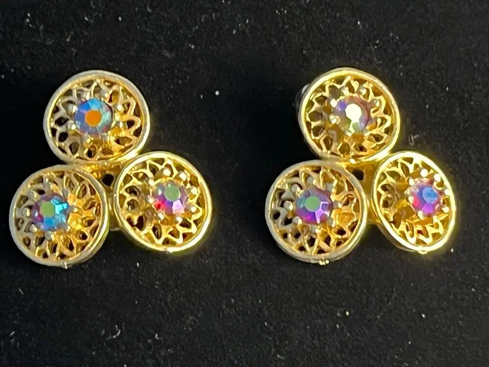 VTG Coro Clip On Earrings Gold Tone Rhinestones Three Circles Signed